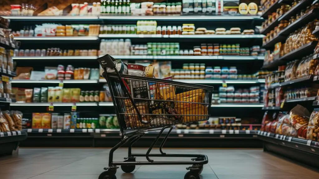 A full shopping trolley surrounded by shelves in a supermarket.